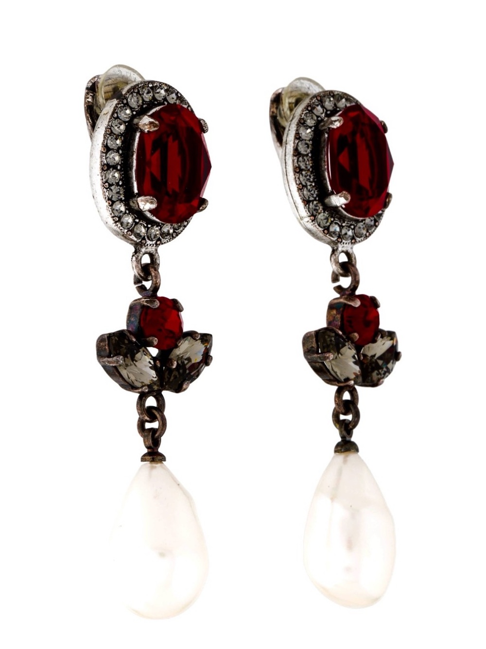 Lanvin Red Crystal and White Pearl Drop Earrings.
